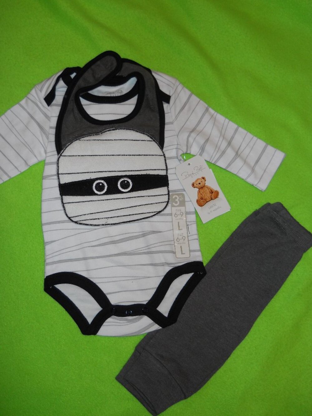 NEW ~ 3 piece Set ~ Halloween MUMMY Long Sleeve Romper, Pant @ Bib ~ sz 6-9 M